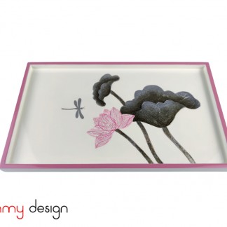 White rectangle lacquer tray, pink border hand painted with lotus 18*30*H2cm